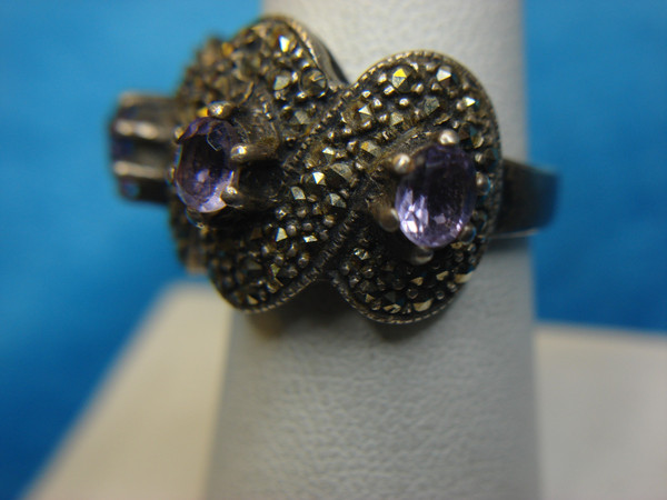 Vintage Sterling Silver Amethyst & Marcasite Ring (Size 7 1/2) - Heavy Statement Piece