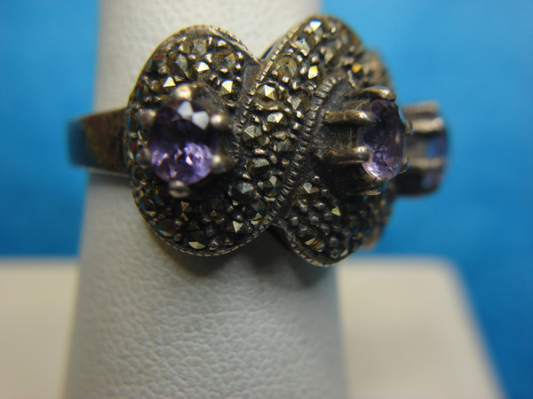 Vintage Sterling Silver Amethyst & Marcasite Ring (Size 7 1/2) - Heavy Statement Piece
