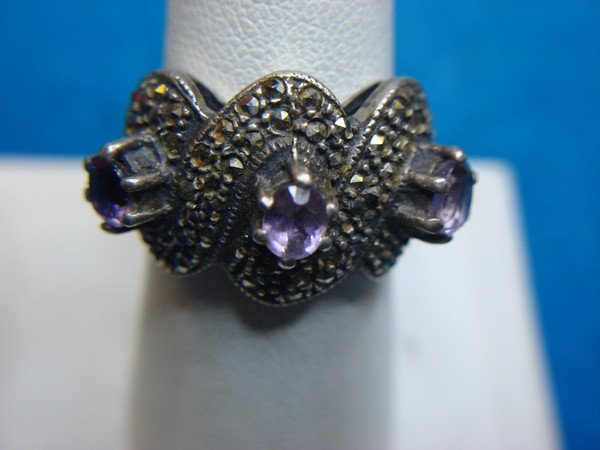 Vintage Sterling Silver Amethyst & Marcasite Ring (Size 7 1/2) - Heavy Statement Piece