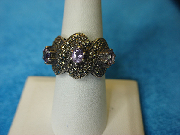 Vintage Sterling Silver Amethyst & Marcasite Ring (Size 7 1/2) - Heavy Statement Piece