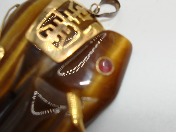 Vintage 14K Gold & Ruby Elephant Tiger's Eye Pendant - Statement Jewelry