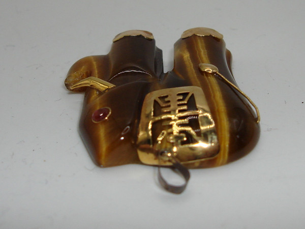 Vintage 14K Gold & Ruby Elephant Tiger's Eye Pendant - Statement Jewelry