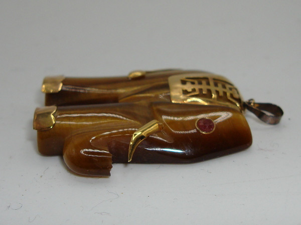 Vintage 14K Gold & Ruby Elephant Tiger's Eye Pendant - Statement Jewelry