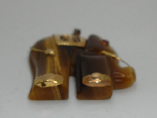 Vintage 14K Gold & Ruby Elephant Tiger's Eye Pendant - Statement Jewelry