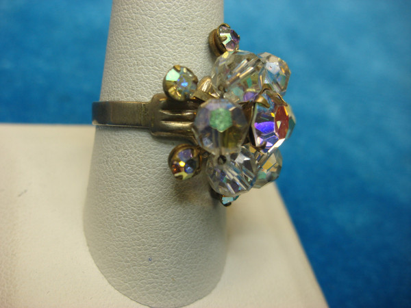 Vintage Aurora Borealis Silver Tone Ring (Adjustable, Size 10)