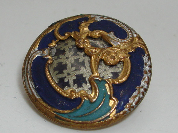 Victorian Gilt Champlevé Enamel Button - Gray & Blue, 9.5mm Antique