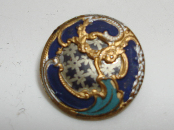 Victorian Gilt Champlevé Enamel Button - Gray & Blue, 9.5mm Antique