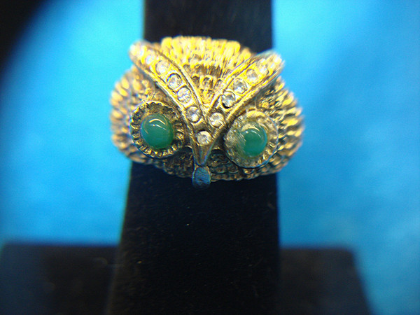 Vintage Gold-Tone Owl Ring with Simulated Diamond Accents - Size 6+ Adjustable