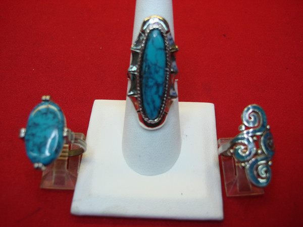 3 Silver Tone Rings with Faux Turquoise - Sizes 6 & Adjustable 7