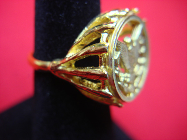 Gold Tone Ring with Heraldic Eagle - Vintage Inspired, Adjustable & Like Old Silver Dollars