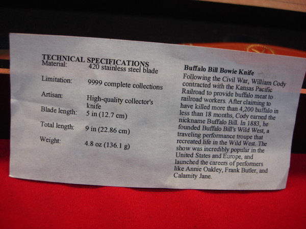 Buffalo Bill Cody Wild West Bowie Knife - Limited Edition, 2001 - Mint Condition