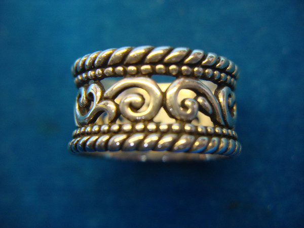 Sterling Silver Band Ring w/ Enamel Accents - Size 8, Unique Pattern