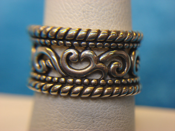 Sterling Silver Band Ring w/ Enamel Accents - Size 8, Unique Pattern