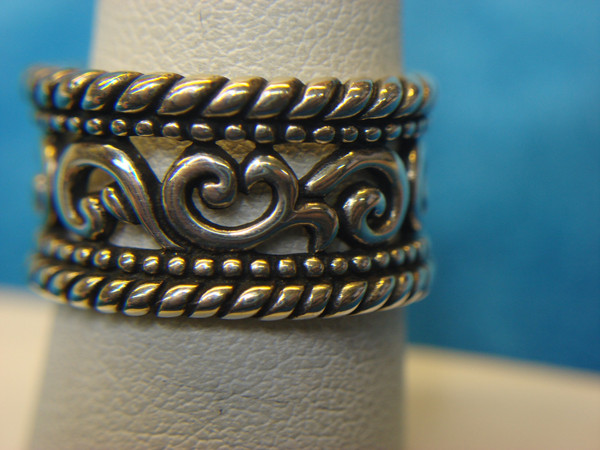 Sterling Silver Band Ring w/ Enamel Accents - Size 8, Unique Pattern