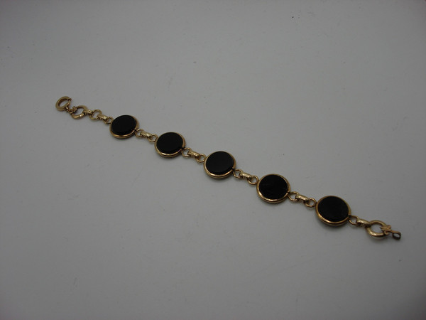 Vintage 12K Gold Filled Fleur-de-lis Onyx Disc Bracelet - Estate Find