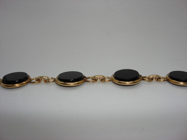 Vintage 12K Gold Filled Fleur-de-lis Onyx Disc Bracelet - Estate Find