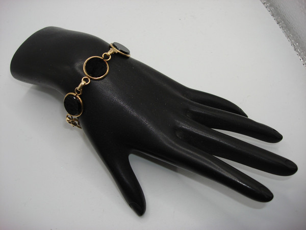 Vintage 12K Gold Filled Fleur-de-lis Onyx Disc Bracelet - Estate Find