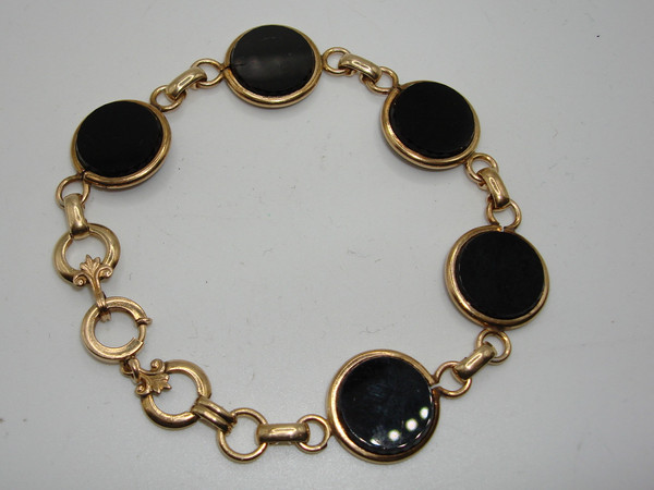 Vintage 12K Gold Filled Fleur-de-lis Onyx Disc Bracelet - Estate Find