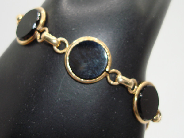 Vintage 12K Gold Filled Fleur-de-lis Onyx Disc Bracelet - Estate Find