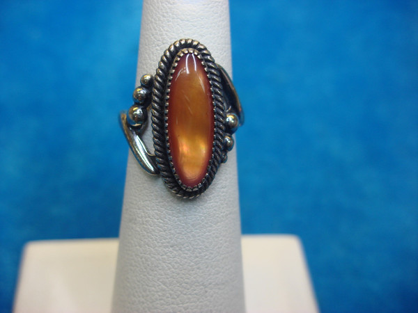 Sterling Silver Ring with Amber Oblong Stone - Fancy Setting (Size 5)
