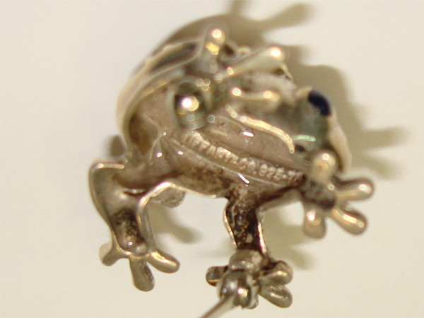 Vintage Tiffany & Co. Sterling Silver Frog Pin with Sapphire Eyes - 18K Gold Accents