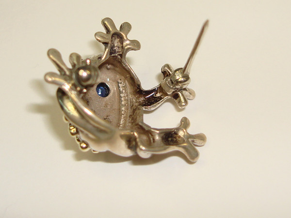 Vintage Tiffany & Co. Sterling Silver Frog Pin with Sapphire Eyes - 18K Gold Accents