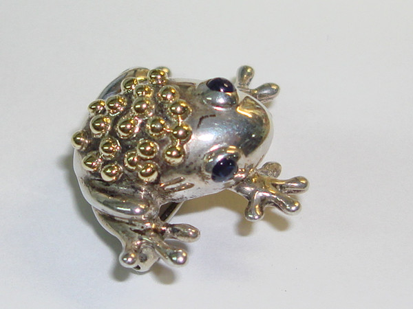 Vintage Tiffany & Co. Sterling Silver Frog Pin with Sapphire Eyes - 18K Gold Accents