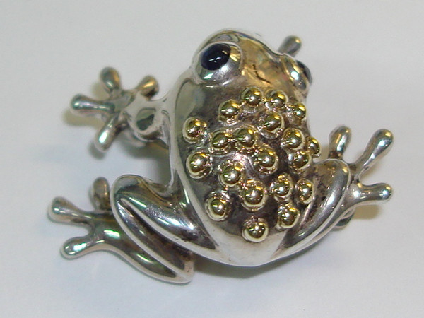 Vintage Tiffany & Co. Sterling Silver Frog Pin with Sapphire Eyes - 18K Gold Accents