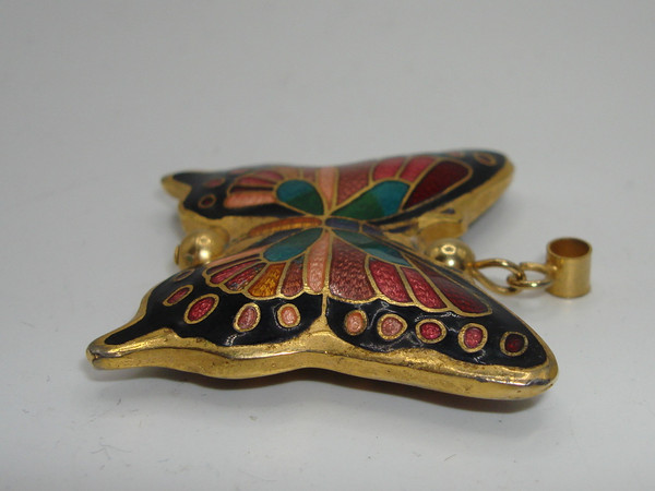Vintage Cloisonné Enamel Butterfly Pendant | Gold Tone, Intricate Design
