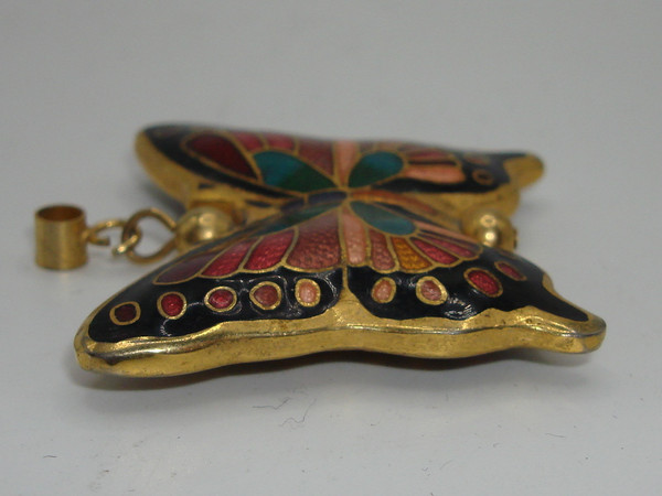 Vintage Cloisonné Enamel Butterfly Pendant | Gold Tone, Intricate Design