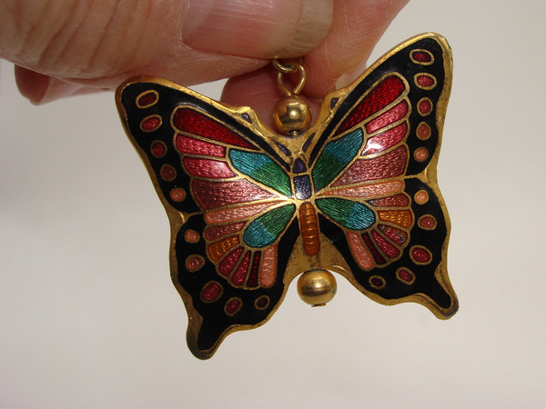 Vintage Cloisonné Enamel Butterfly Pendant | Gold Tone, Intricate Design