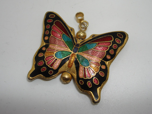 Vintage Cloisonné Enamel Butterfly Pendant | Gold Tone, Intricate Design