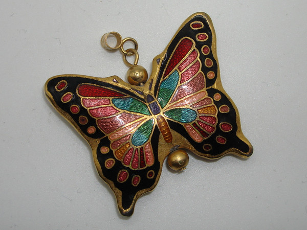 Vintage Cloisonné Enamel Butterfly Pendant | Gold Tone, Intricate Design