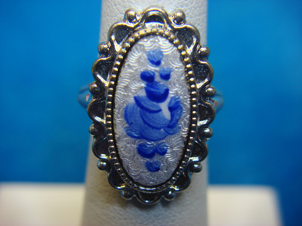 Vintage Silver Tone Ring with Cloisonné Enamel Design - Size 5
