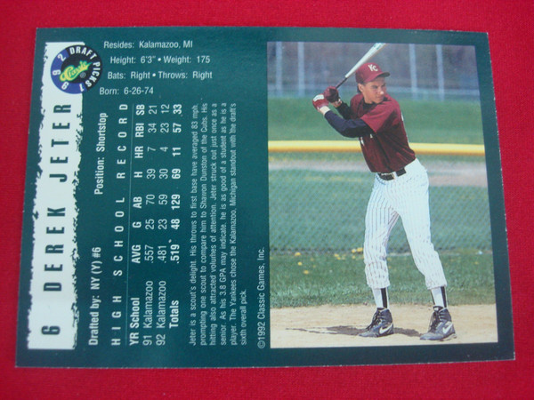 Derek Jeter Rookie Card 1992 Classic Draft Picks #6 RC Kalamazoo Yankees