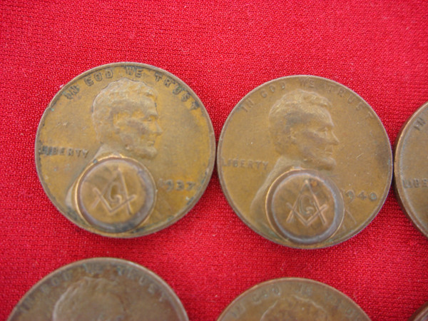 Lincoln Wheat Cents 10-Piece Lot with Masonic Stamping - Rare Dates & Symbols