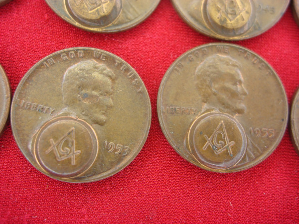 Lincoln Wheat Cents 10-Piece Lot with Masonic Stamping - Rare Dates & Symbols