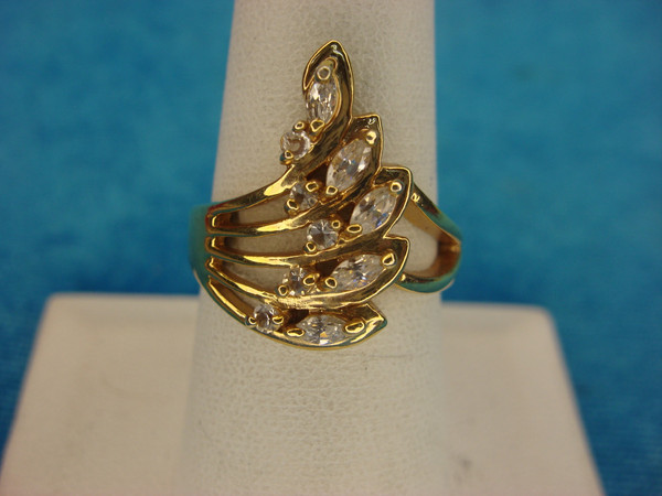 Elegant Gold Tone Cocktail Ring with Round & Marquise Simulated Diamonds (Size 7 3/4)