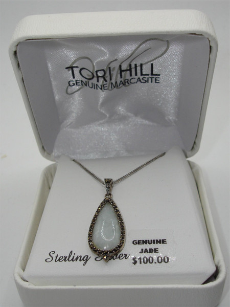 Sterling Silver Jade & Marcasite Pendant Necklace by TORI HILL (Brand New)