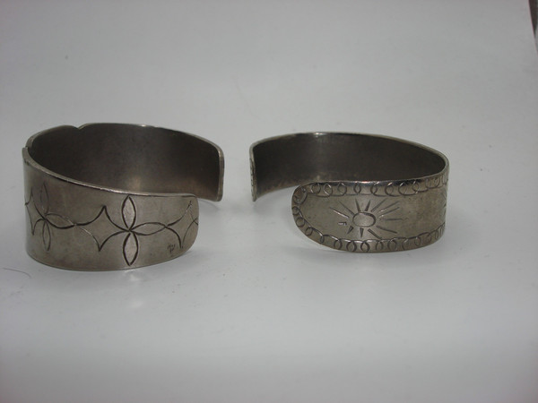 Vintage Aluminum Cuff Bracelets 1930s-40s, Engraved 'PEARL' & 'M-M', Set of 2