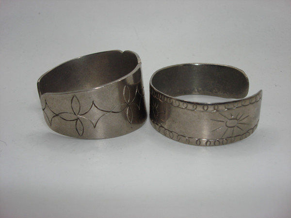Vintage Aluminum Cuff Bracelets 1930s-40s, Engraved 'PEARL' & 'M-M', Set of 2