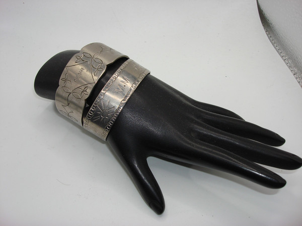 Vintage Aluminum Cuff Bracelets 1930s-40s, Engraved 'PEARL' & 'M-M', Set of 2