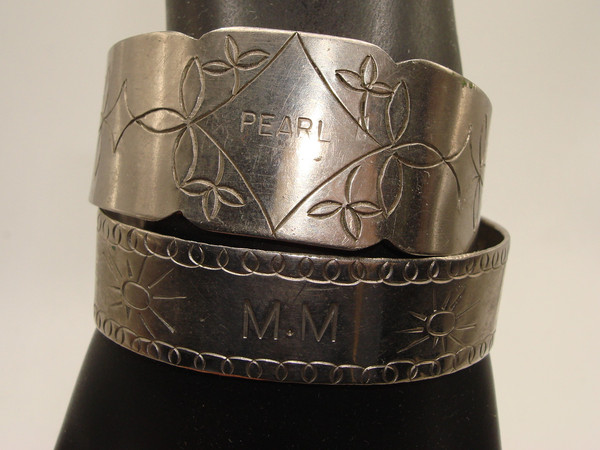 Vintage Aluminum Cuff Bracelets 1930s-40s, Engraved 'PEARL' & 'M-M', Set of 2