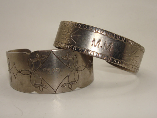 Vintage Aluminum Cuff Bracelets 1930s-40s, Engraved 'PEARL' & 'M-M', Set of 2