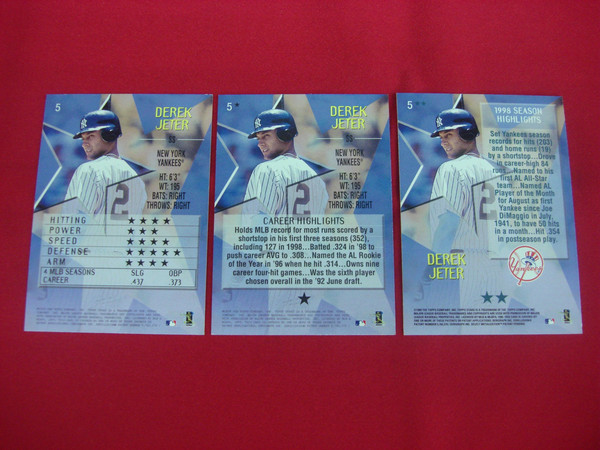 Derek Jeter 1999 Topps Stars Baseball Card Set (3 Cards) - Base, One Star & Two Star Parallels