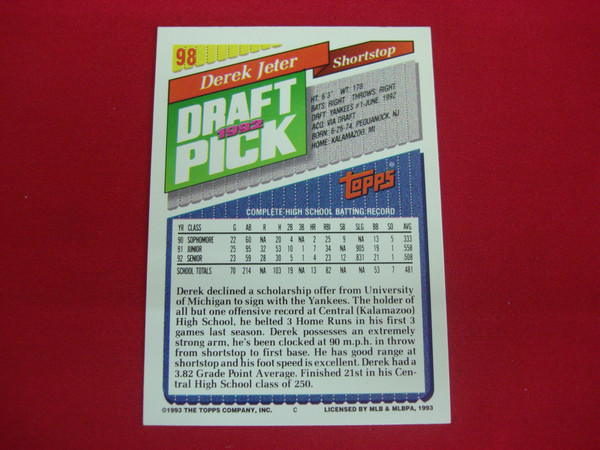 Derek Jeter 1993 Topps Draft Pick Rookie Card #98 PSA Graded (NY Yankees)