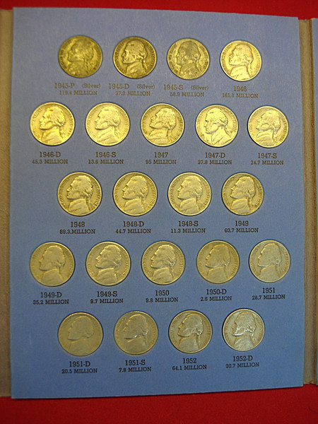 Complete Circulated Jefferson Nickel Set (1938-1961) P-D-S Mintmarks - 65 Coins with Wartime Silver