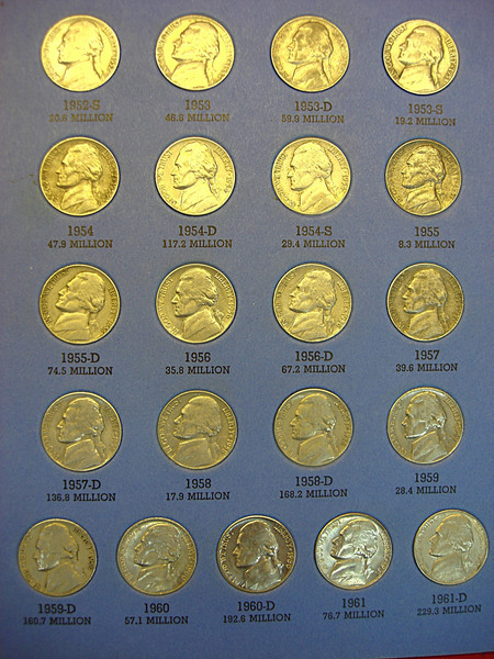 Complete Circulated Jefferson Nickel Set (1938-1961) P-D-S Mintmarks - 65 Coins with Wartime Silver