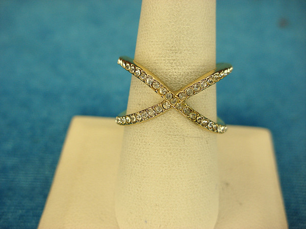 Gold Tone Ring with Round Brilliants - Size 8 3/4,  Unique X Design