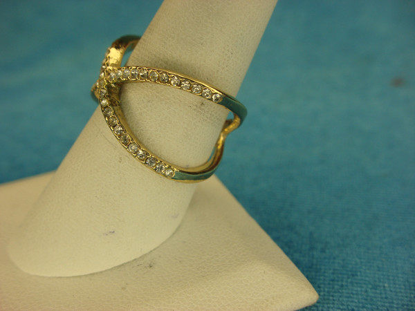 Gold Tone Ring with Round Brilliants - Size 8 3/4,  Unique X Design